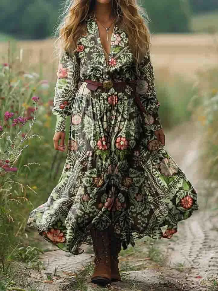 Women's Ethnic Floral Art Print Pocket Cotton Dress