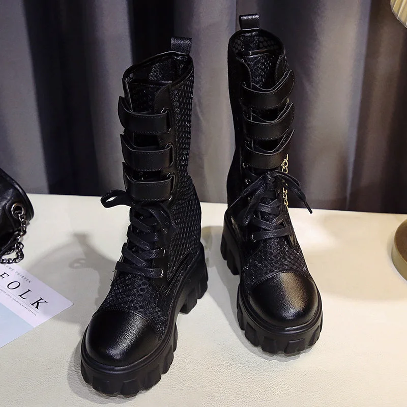 Chunky Platform Motorcycle Boots Women 2022 Summer Breathable Air Mesh Mid Calf Boots Woman Punk Height Increasing Shoes