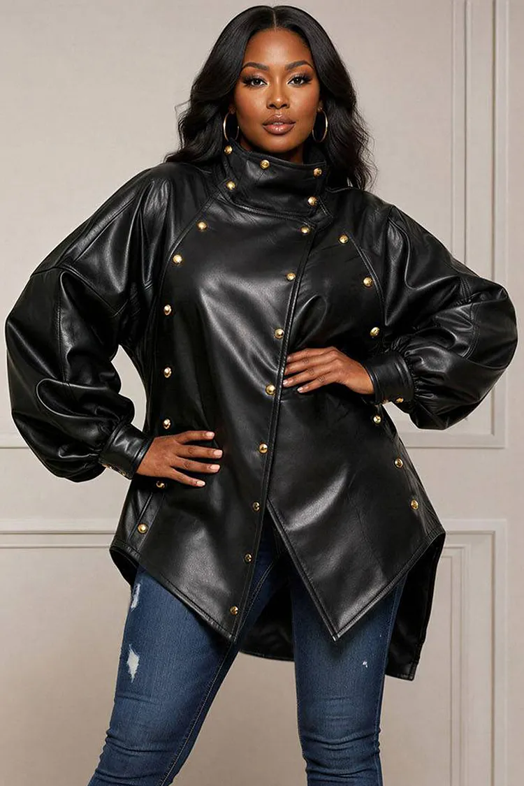Xpluswear Design Plus Size Daily Black Stand-Up Collar Puff Sleeve Long Sleeve Asymmetric Hem Irregular Hem Studded PU Leather Jacket [Pre-Order] 2024 - Xpluswear