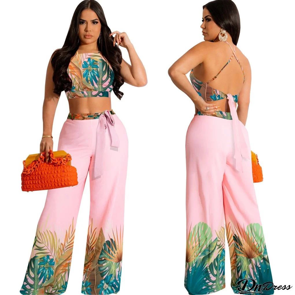Women Sexy Print Crop Top and Pant Two-Piece Set
