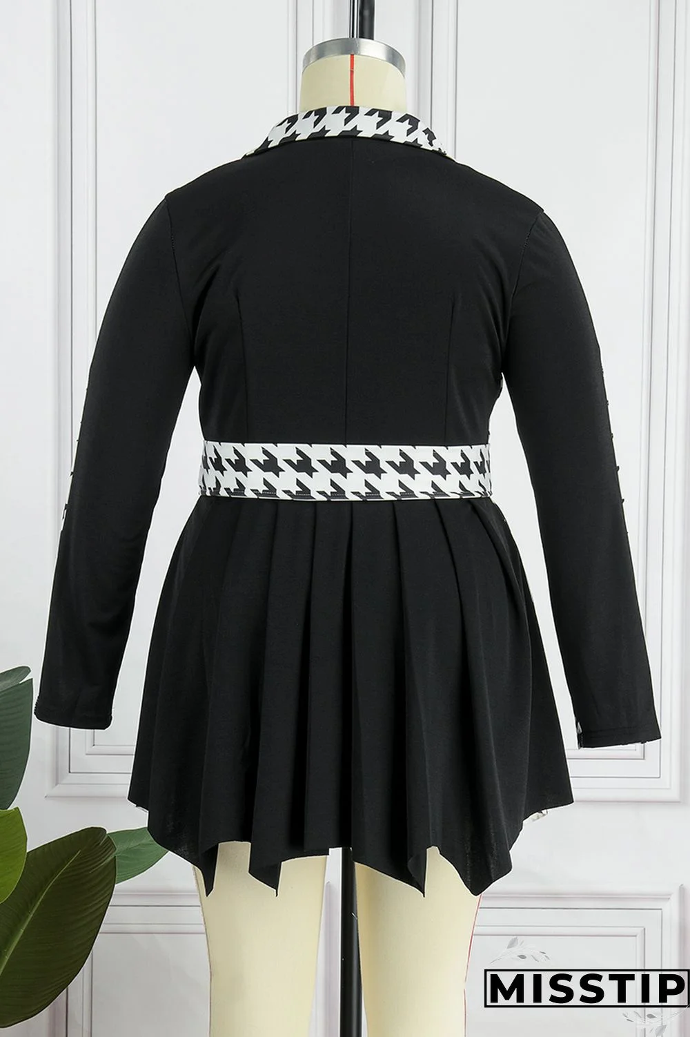 Black And White Casual Print Patchwork Turn-back Collar Long Sleeve Plus Size Dresses