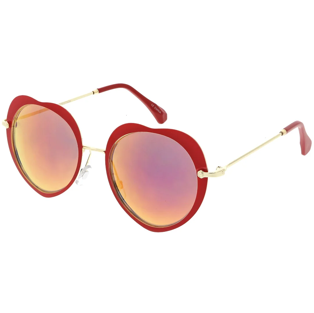 Women's Unique Heart glasses Thin Metal Arms Round Color Mirrored Lens 54mm