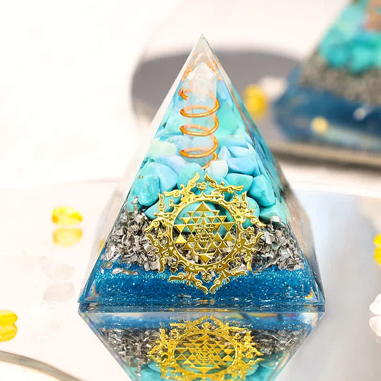 Clear Crystal Pillar With Turquoise Orgone Pyramid