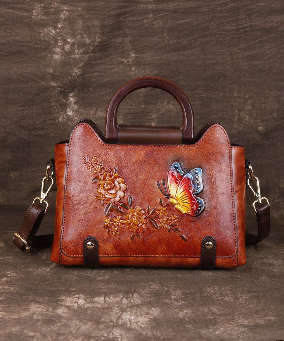 Natural Red Brown Floral Paitings Leather Satchel Handbag CK2690- Fabulory