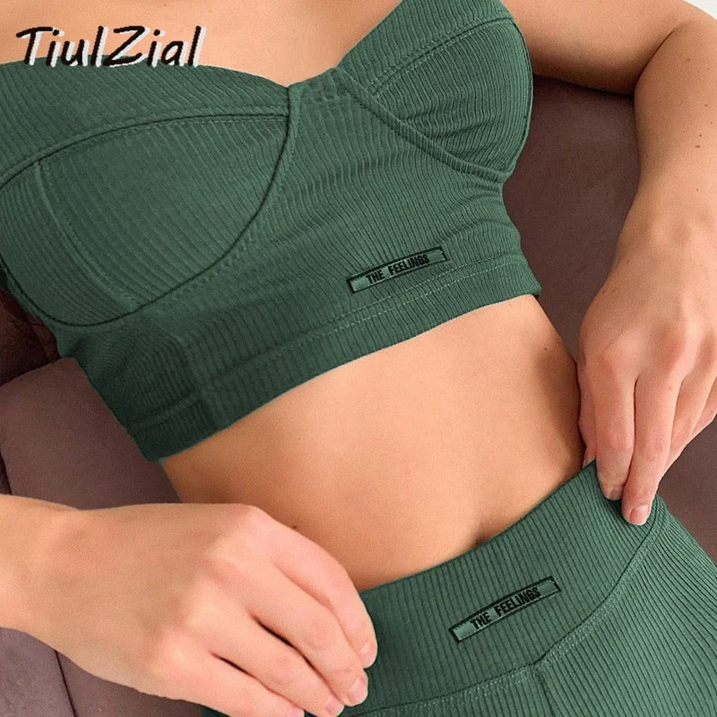 Sport Matching Women Shorts Set Ribbed Knitted Crop Top And Biker Shorts Two Pieces One Suit Booty Shorts Set Tracksuit