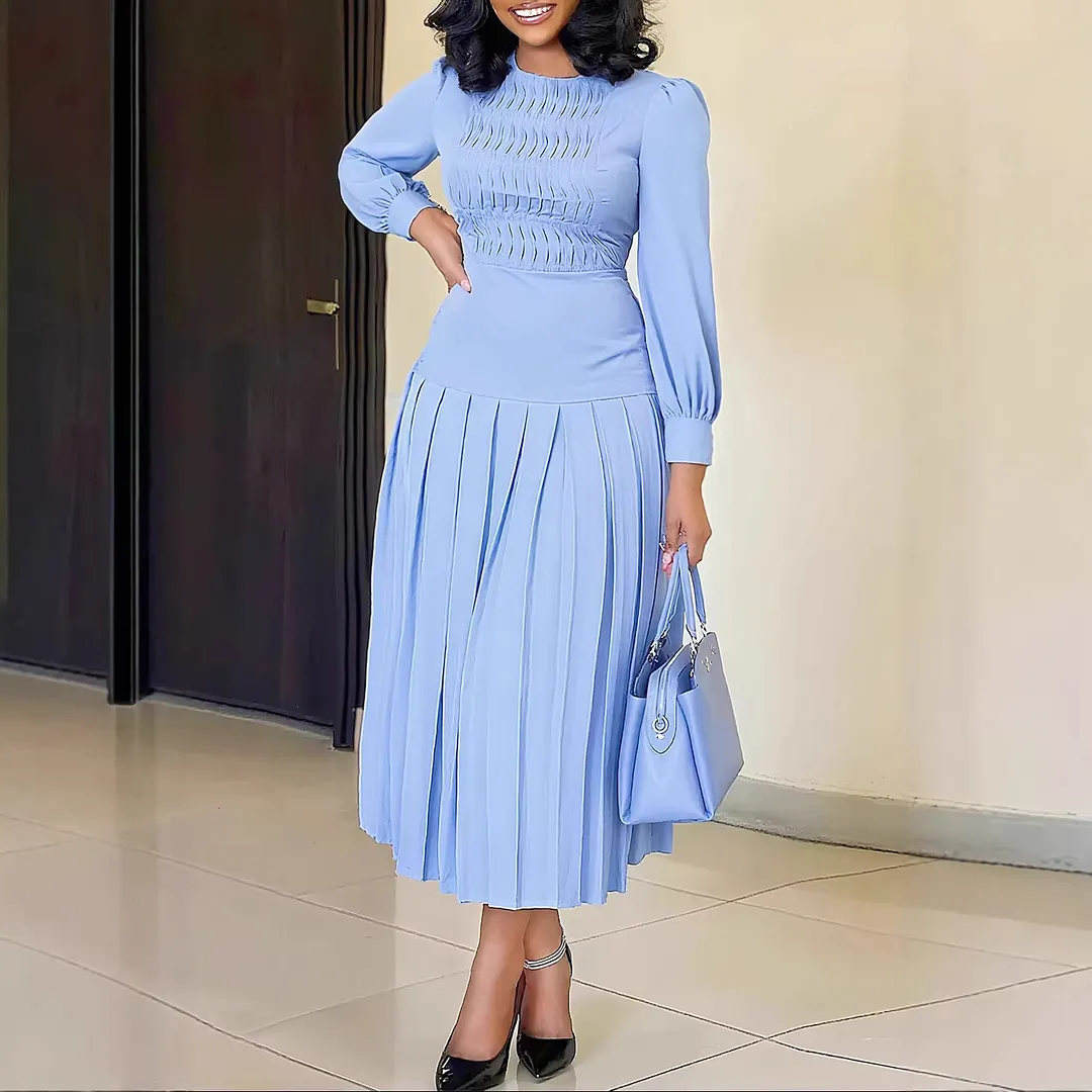 Women Round Neck Puff Long Sleeve Smocked Waist Pleated Midi Dress