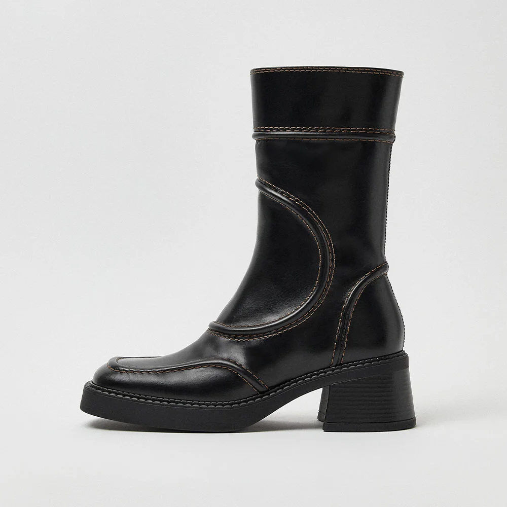 Black Vegan Leather Square Toe Mid Calf Boots with Chunky Heel