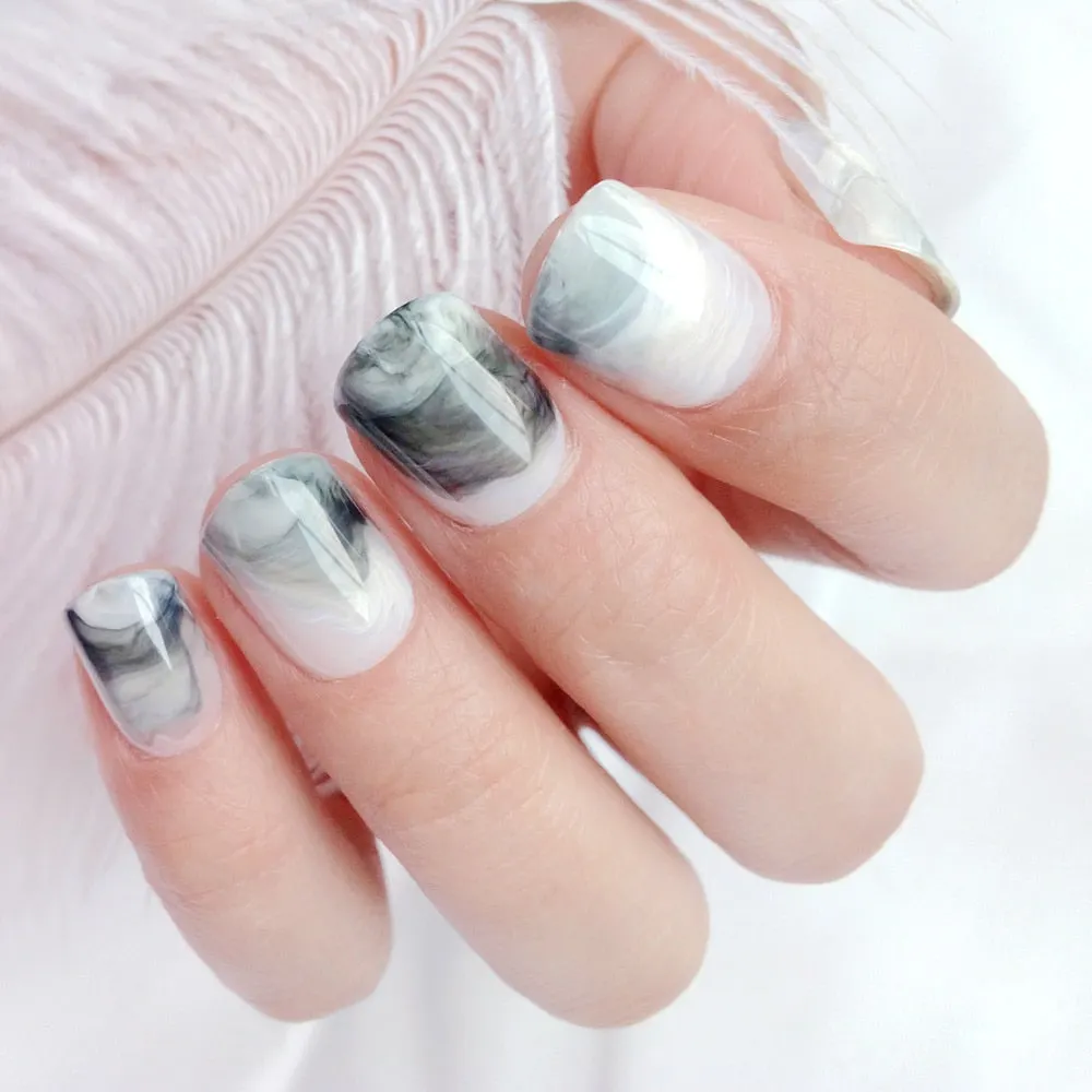 24Pcs Gradient Gray Artificial Fake Nails Marble Patterns Short False Nails With Design Full Cover Finger Tip Manicure Tool-Nail Inspo
