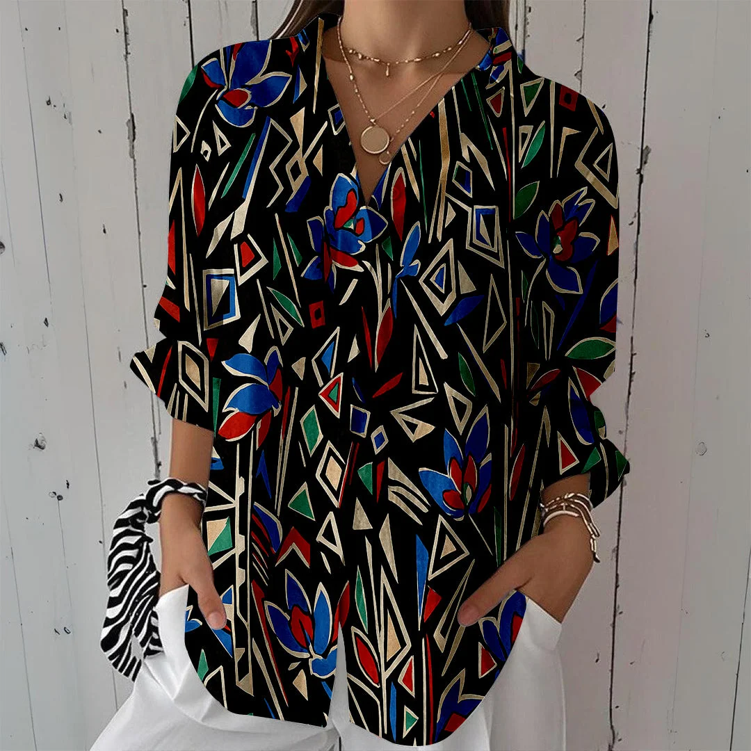 Style & Comfort for Mature Women Women Splashed, Color, Black DZCL0474 3/4 Sleeve Shirt Collar Printed Button Tops