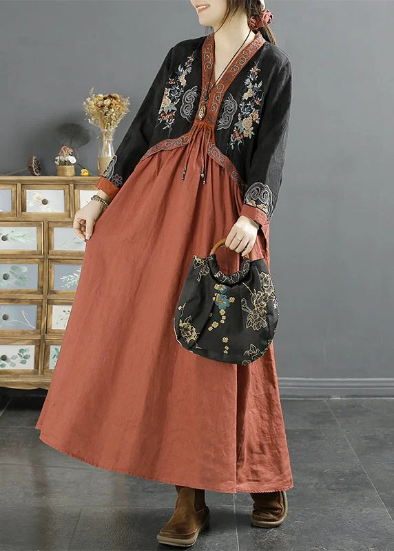 New Red Tasseled Embroidered False Two Pieces Cotton Dress Autumn