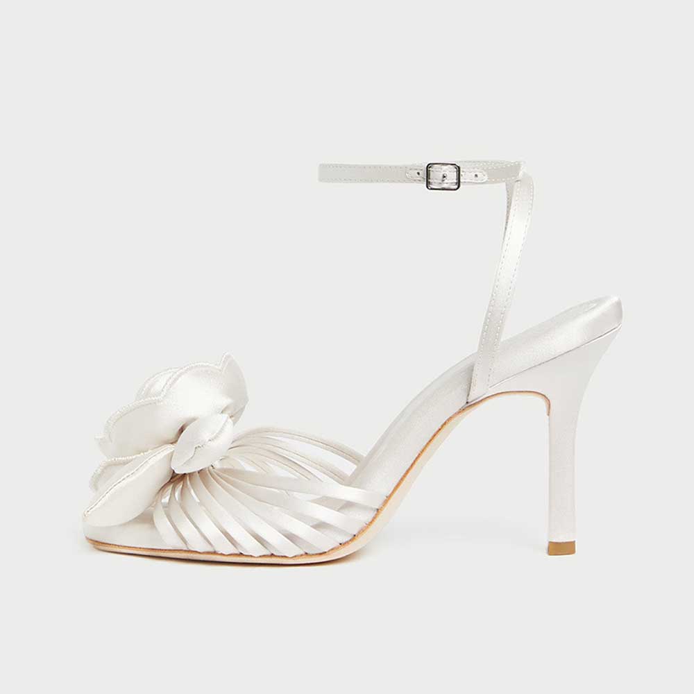 White Satin Square Toe Stiletto Heel Ankle Strap Flower Sandals Nicepairs