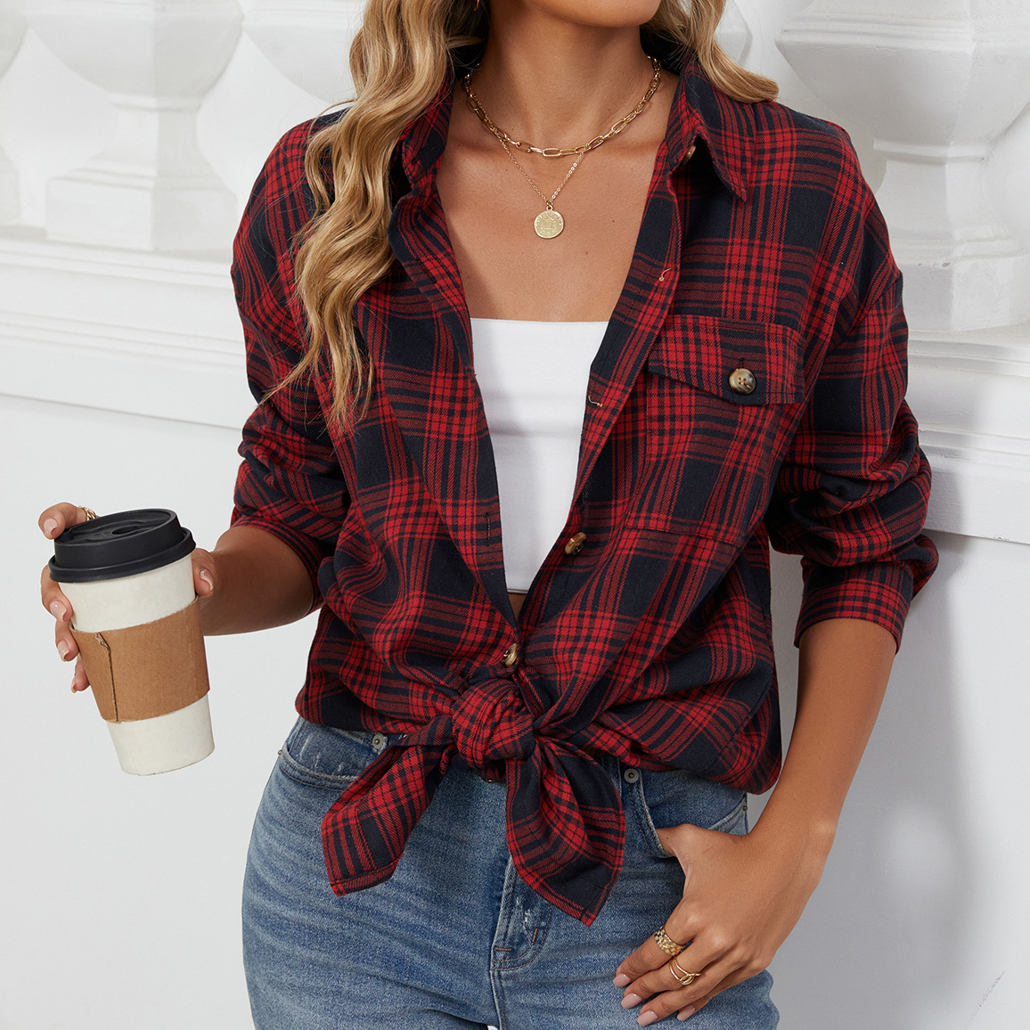 Skillofyz Loose Pocket Patchwork Single Breasted Cardigan Shirt For Women 2025 Autumn/winter Checkered Shirt Brushed Long Sleeved Blouses