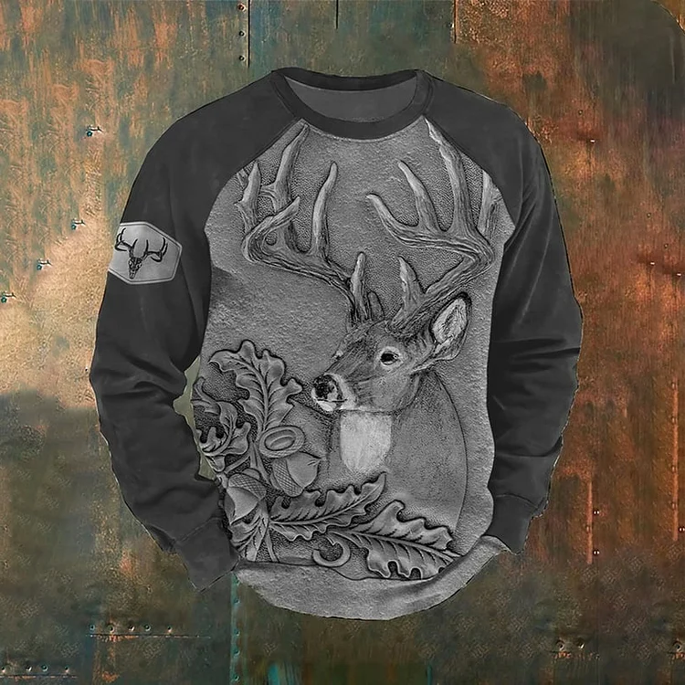 Utbros Men's Western Elk Print Crew Neck Raglan Casual Sweatshirt