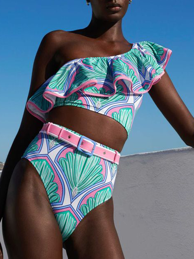 Printed Ruffle Fashion Split Swimsuit
