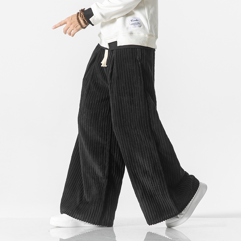 Hairrd Winter Men's Corduroy Cargo Pants Korean Fashion Warm Fleece Wide Leg Straight Pants Male Casual Thermal Trousers Black/Apricot