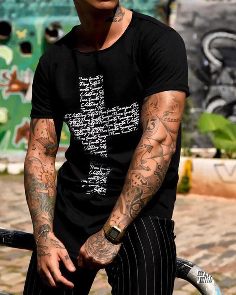 Men's Black Fashion Print Simple T-shirt