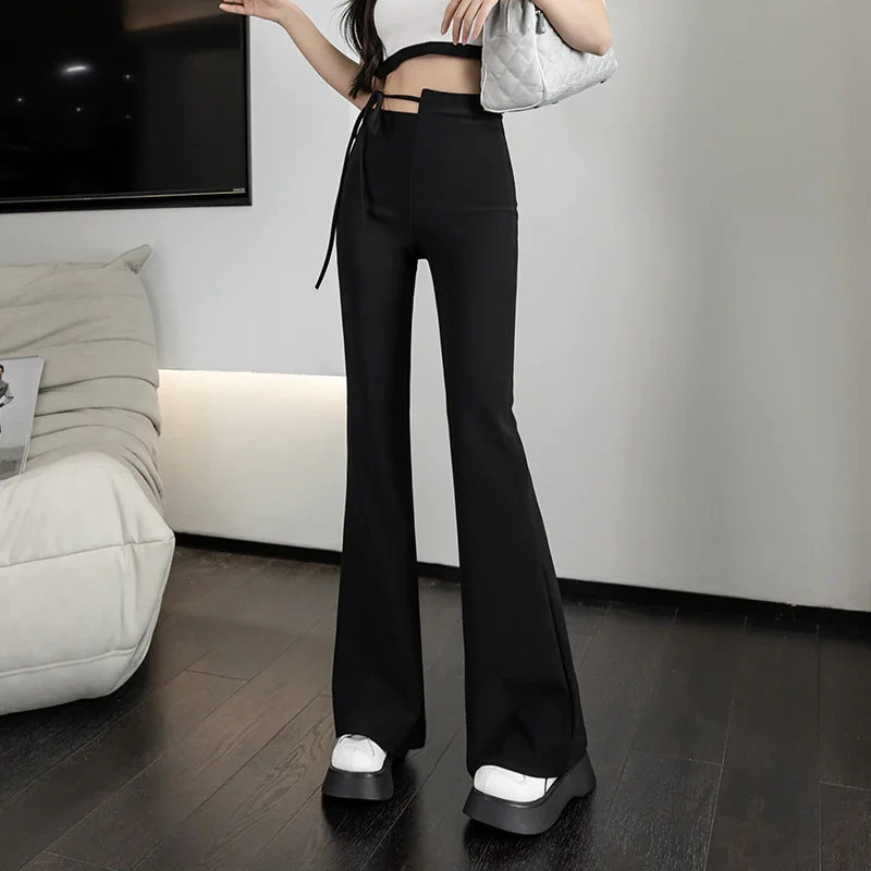 Brownm 2022 Spring And Autumn New Black High-Waisted Micro-Flare Casual Pants Are Thin Elastic Loose Horseshoe Pants Women