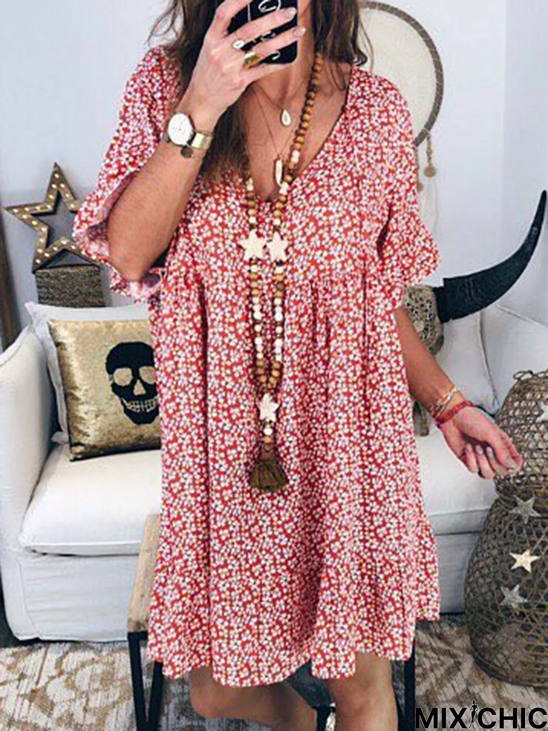 Women Floral Printed Short Sleeve Boho Vintage Weaving Tunic Dress