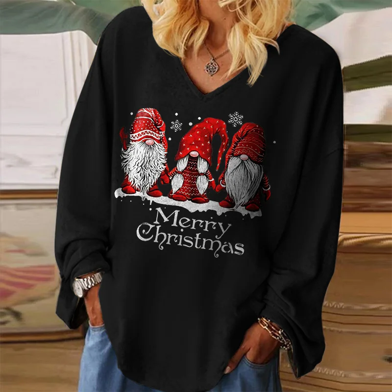 Merry Christmas Dwarfs Print V-neck Long Sleeve T-shirt
