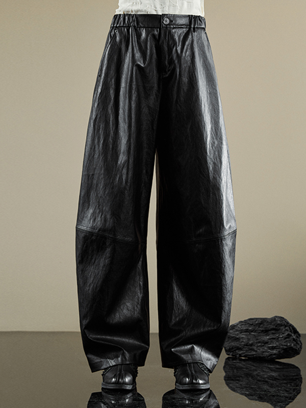 Steert Solid Color Ruched Trim Leather Patchwork Pants