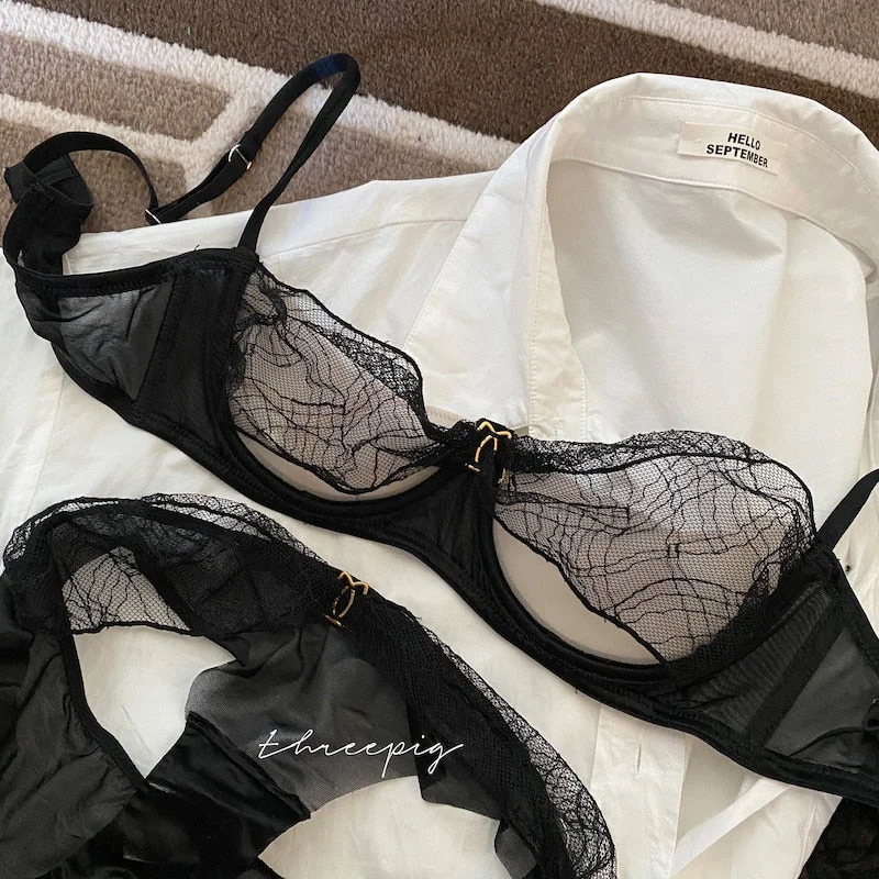 Wriufred Girl's pure color high sense lingerie with briefs set light luxury mesh sexy transparent bra set low waist panties