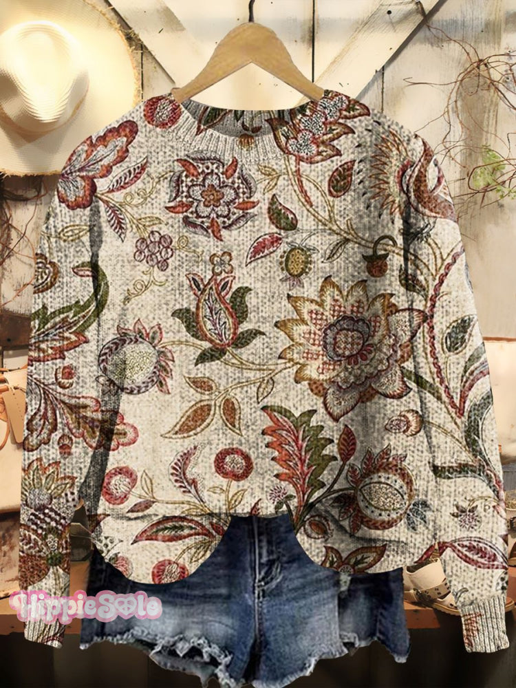 Women’s Folk Floral Art Pattern Crew Neck Knit Pullover Multicolor / S