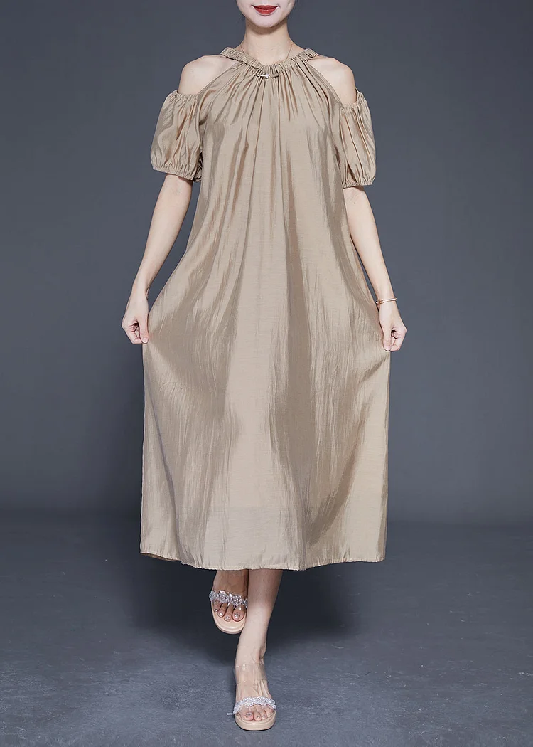 Khaki Cold Shoulder Silk Party Dress Oversized Summer