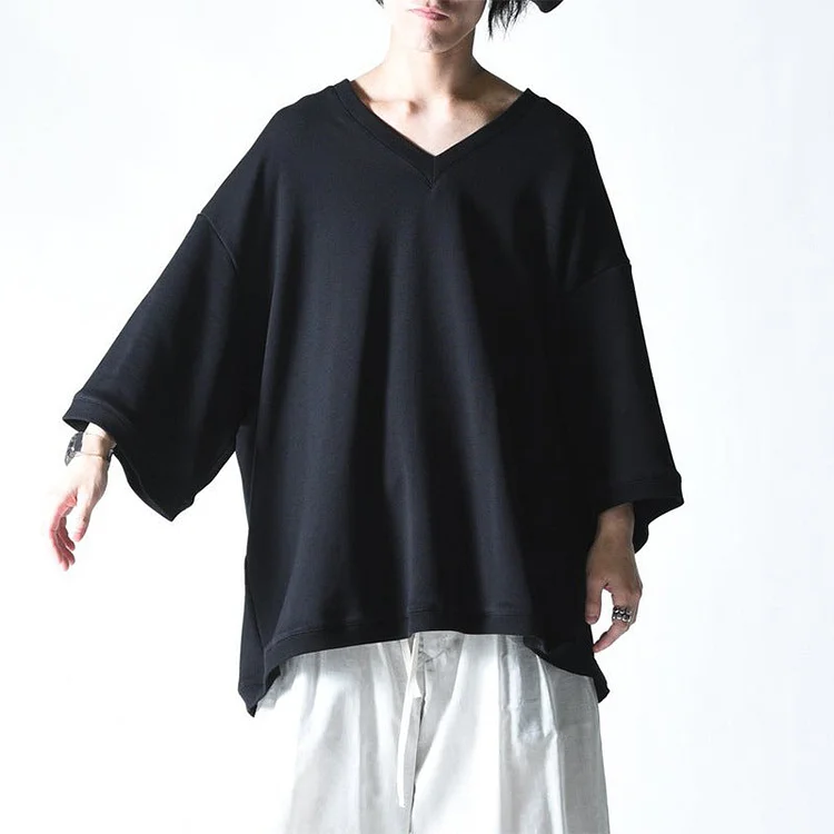 Dawfashion Techwear Streetwear-Original Design Dark Style Japanese Loose Drop Shoulders, Mid-sleeves Front Short Back Long V-neck Top  Shirts-Streetfashion-Darkwear-Techwear