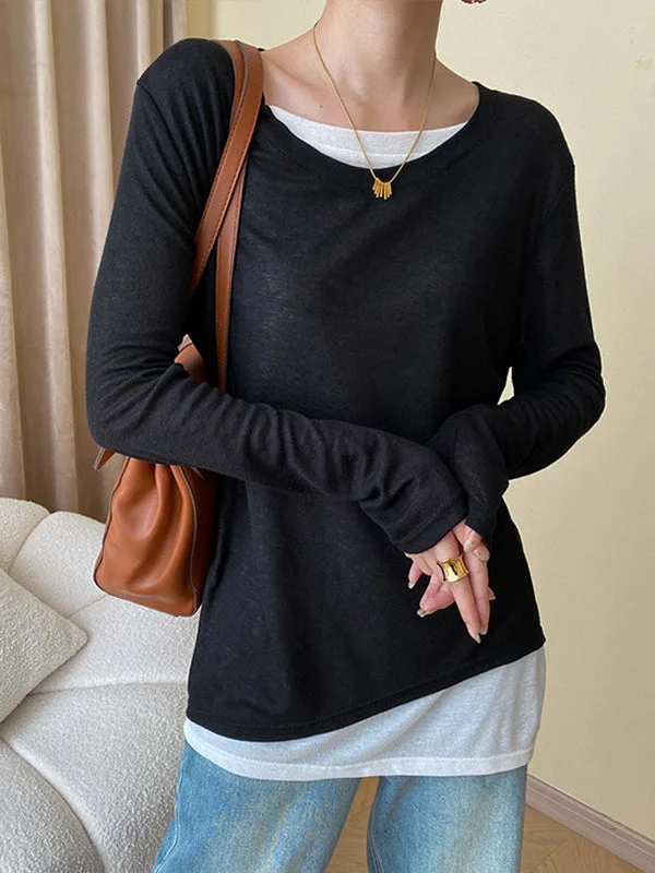 Asymmetric Split-Joint False Two Long Sleeves Round-Neck T-Shirts Tops