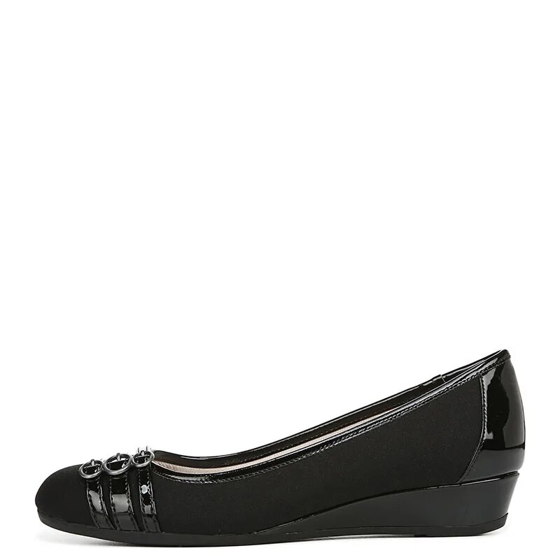 TAAFO Black Pumps High Wedges Heels Women Round Toe Lady Buckle Strap Decoration Shoes