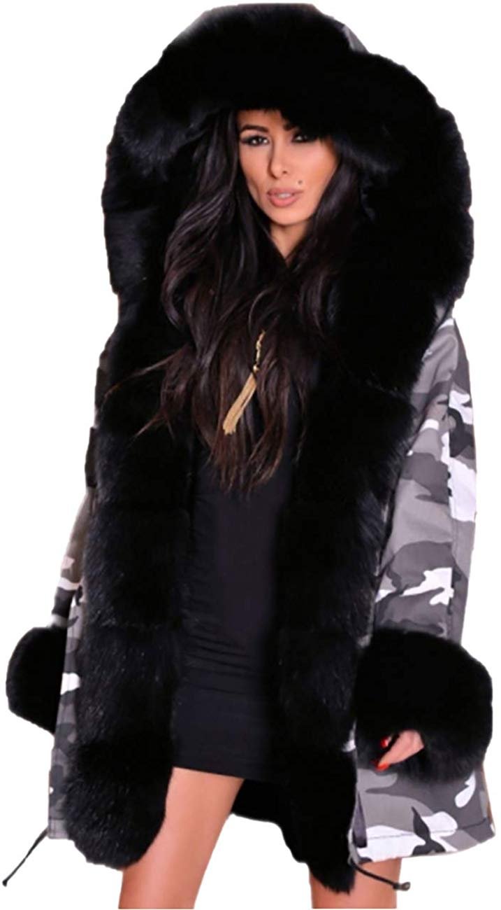 Women Hood Coat Faux Fur Thicken Lined Overcoat Winter Camo Plus Size Jacket Snow Parka Outwear
