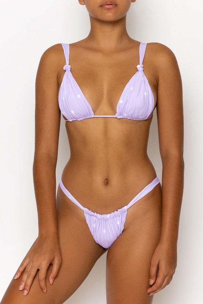 Ruched Polka Dot Sliding Triangle Bikini Swimsuit - Two Piece Set-elleschic