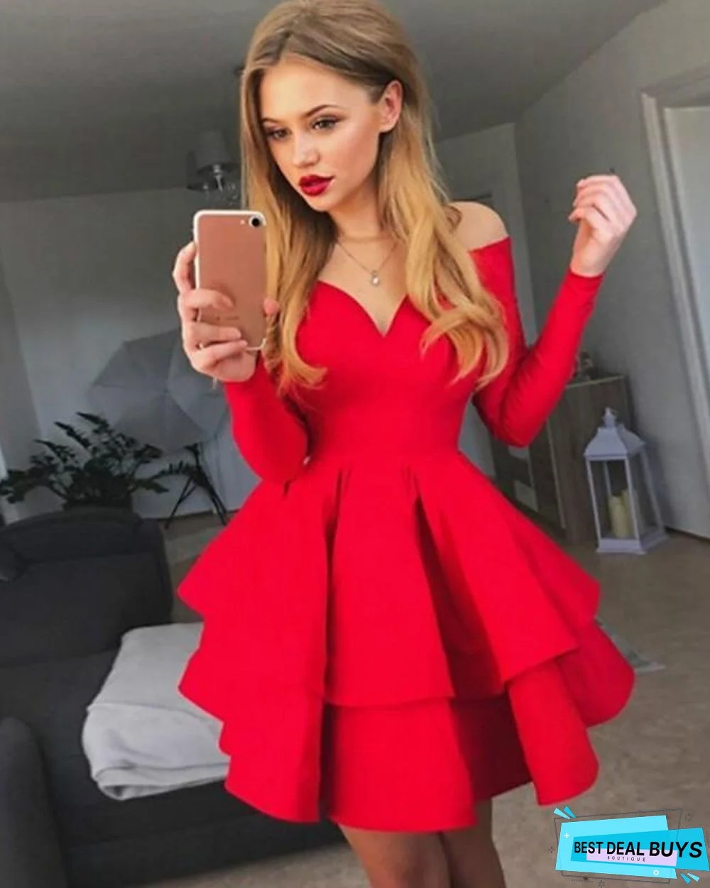 Women's Prom Dress A-Line Dress Short Mini Dress - Long Sleeve Solid Colored Layered Spring Fall Off Shoulder Hot Sexy Going out White Black Red White Dresses