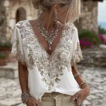 Women's Floral Embroidered Art V-neck Short Sleeved Linen Blend T-shirt - Image 5