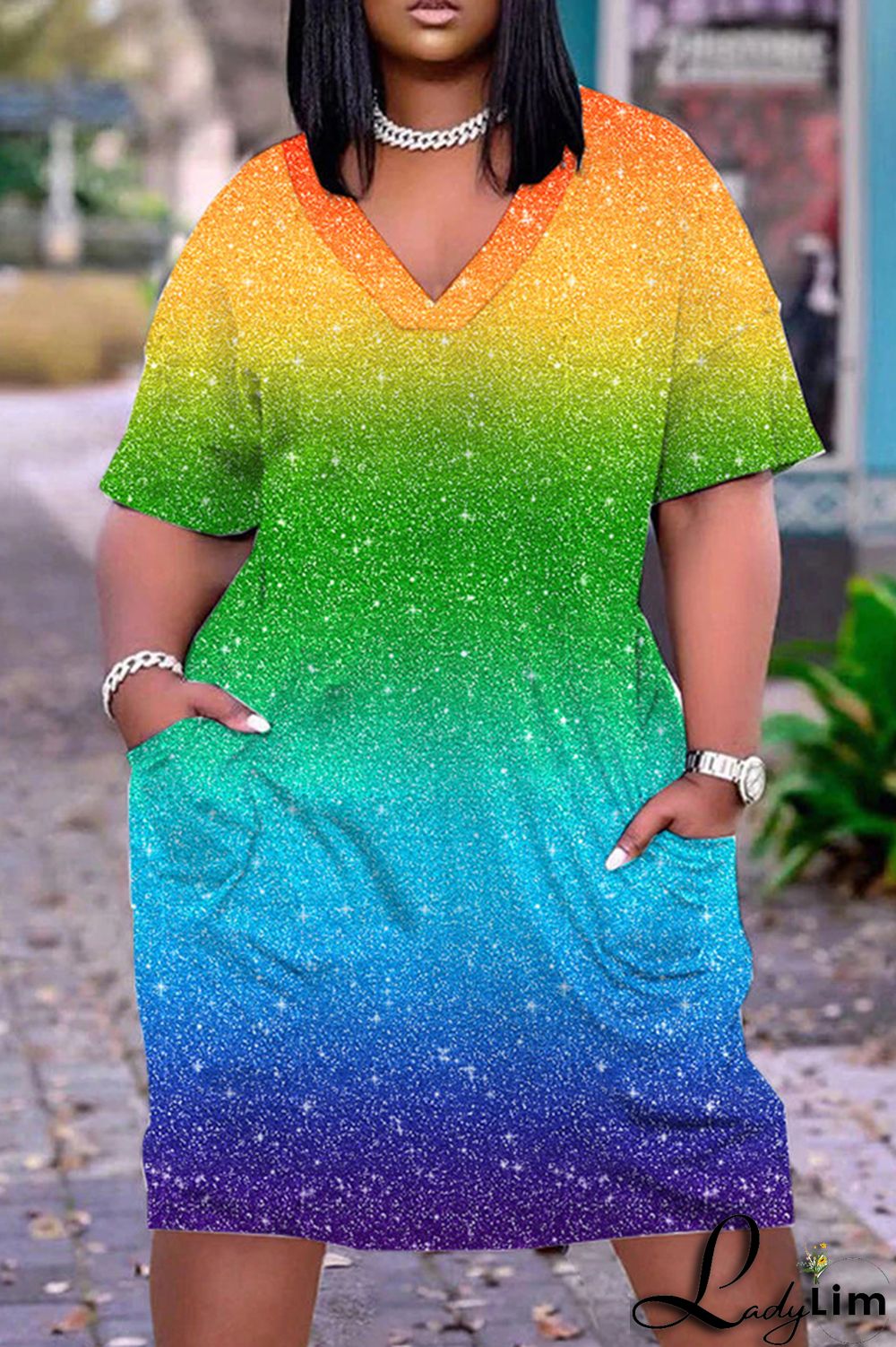 Orange Green Casual Print Patchwork V Neck Short Sleeve Dress