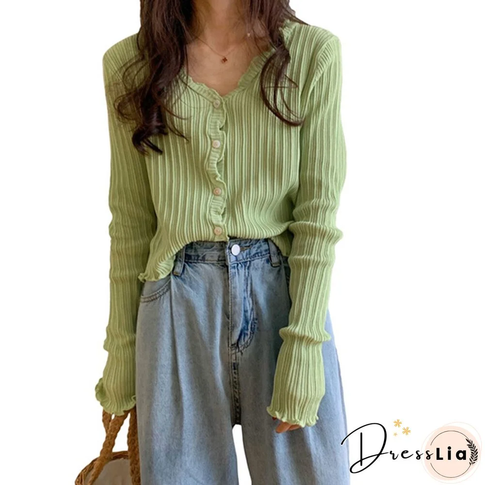 Women's V-neck Long-sleeved Thin Cardigan Short Loose Lazy Top Spring and Autumn