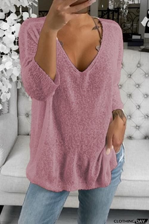 V Neck Knit Long Sleeve T Shirt