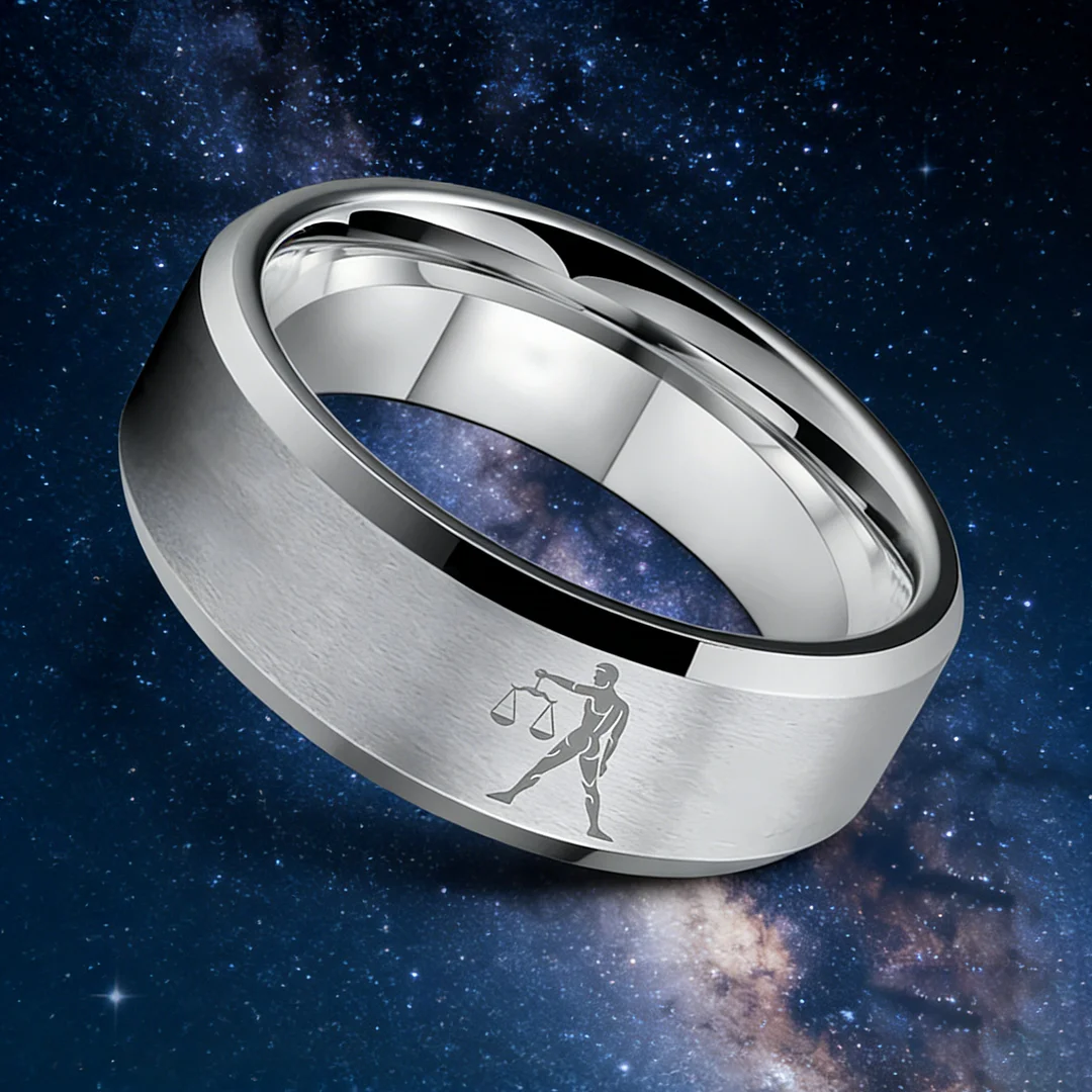 Beveled Edges Sliver Laser Etched Couple Wedding Bands Sliver Libra Tungsten Carbide Rings 4MM 6MM 8MM