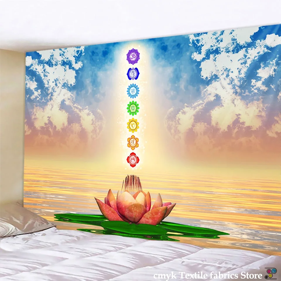 Indian Buddha Statue Meditation 7 Chakra Tapestry Wall Hanging Mandala Tapestries Wall Cloth Psychedelic Yoga Carpet Boho Decor