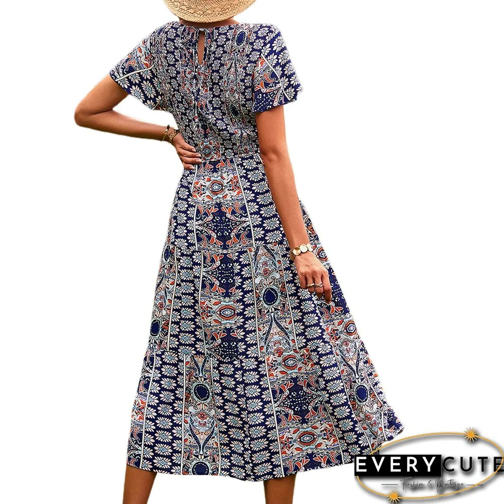 Navy Blue Bohemia Print Pleated Woven Casual Dress