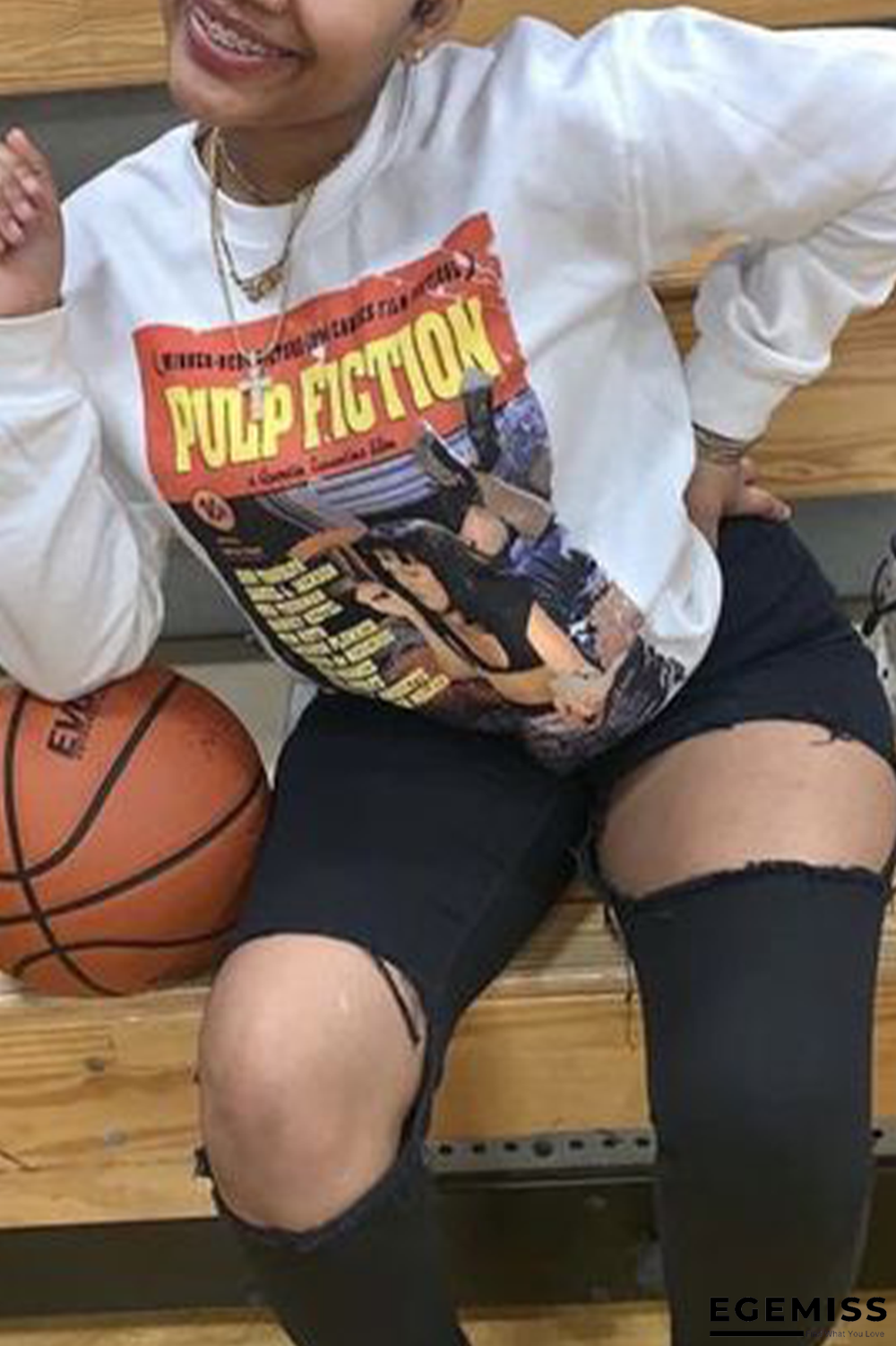 White Sportswear Vintage Print Patchwork Letter O Neck Tops | EGEMISS