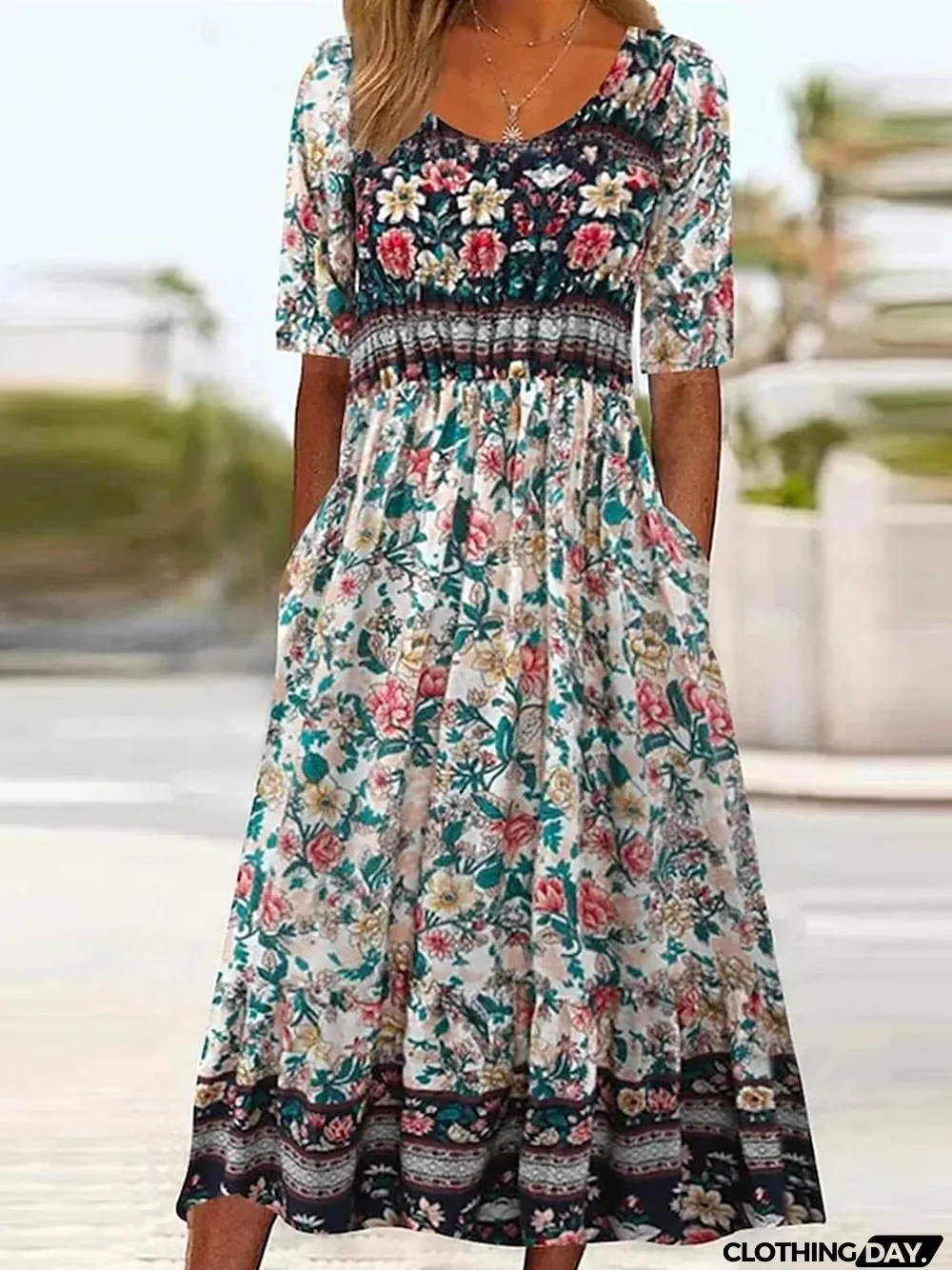Women's Summer Dress Boho Dress Floral Ditsy Floral Print Ruched Crew Neck Midi Dress Fashion Modern Outdoor Daily Short Sleeve Regular Fit Pink Dark Blue Summer Spring S M L XL XXL