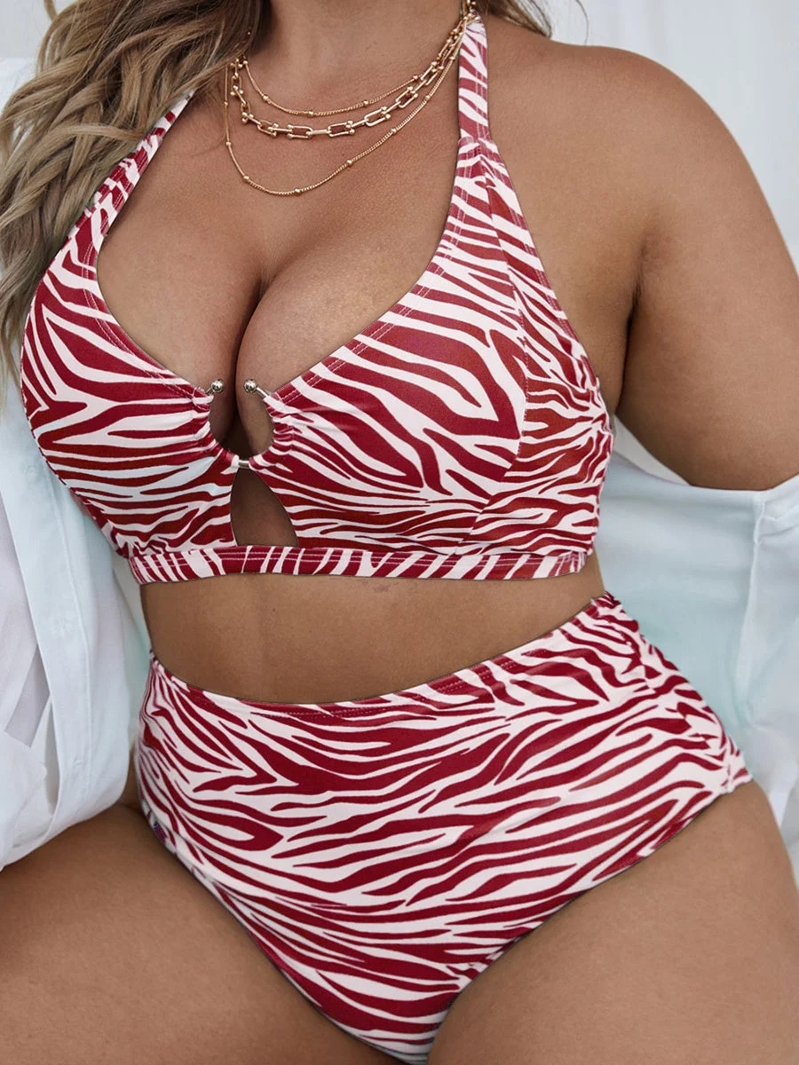 Plus Size Two-Piece Textured Print Push Up Hollow Halter Swimsuit