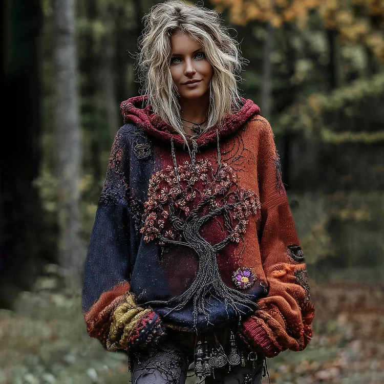 Tree Of Life Chunky Crochet Flower Hooded Sweater