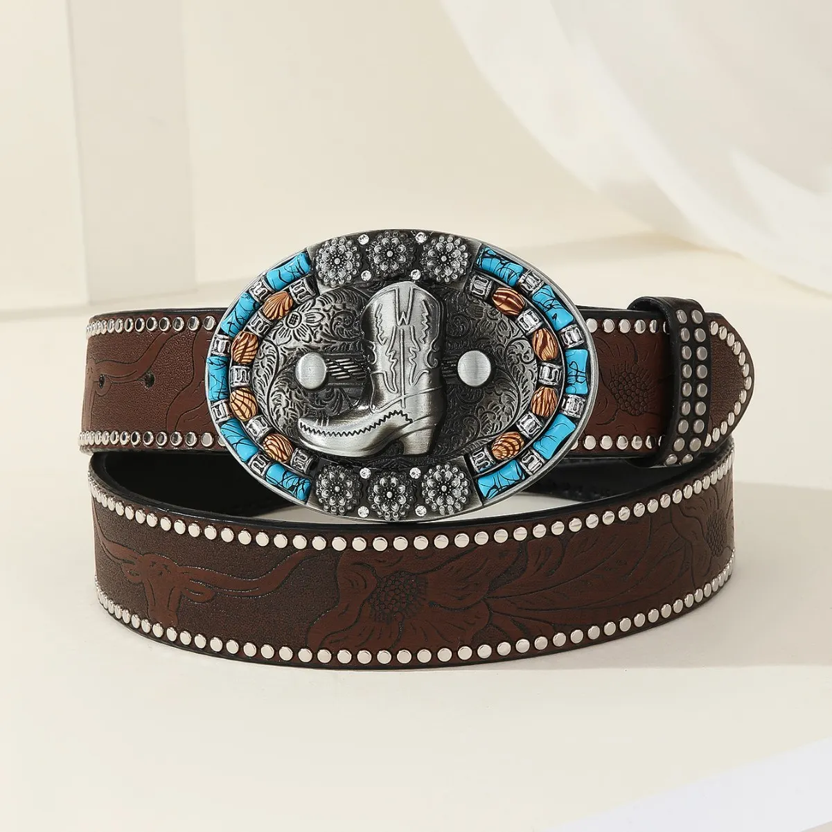 Leather Western Belt With Turquoise And Coral Inlay Cowboy Boot Buckle