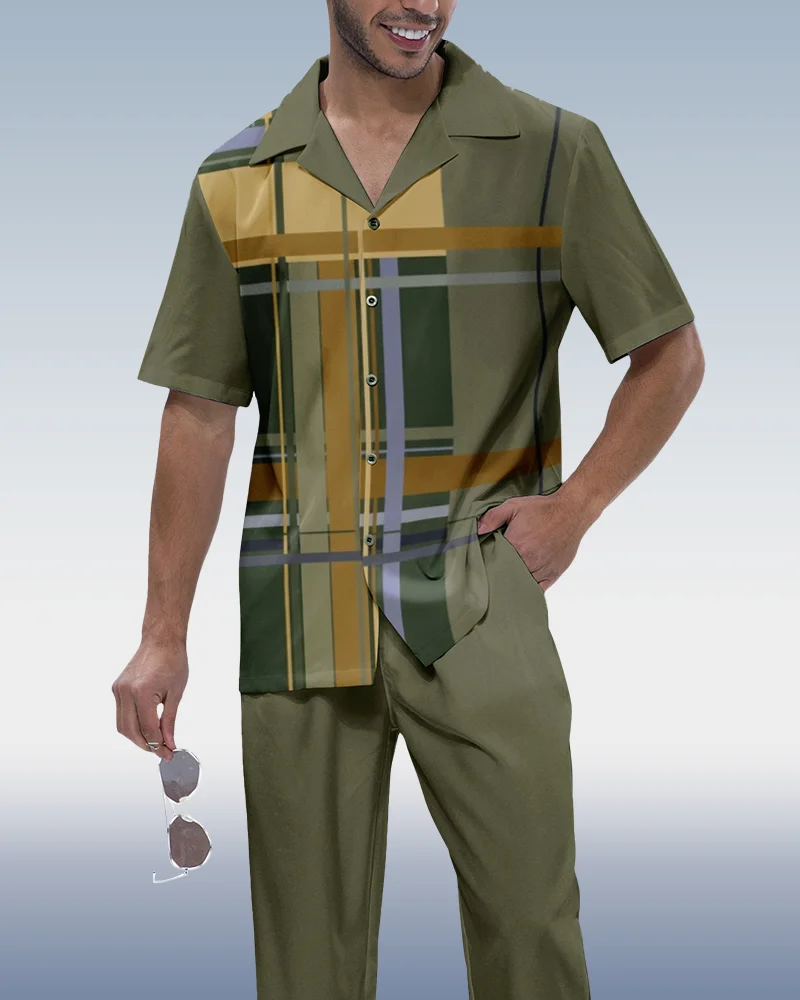 Suitmens Men's Plaid Print Short Sleeve Shirt Walking Set 288
