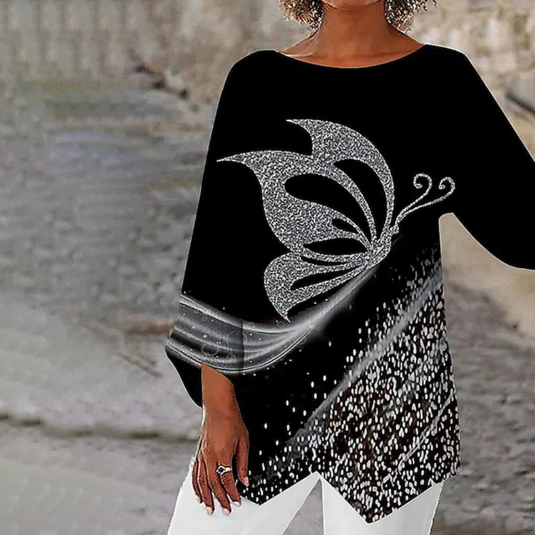 Butterfly Print Round Neck Irregular Hem T-Shirt