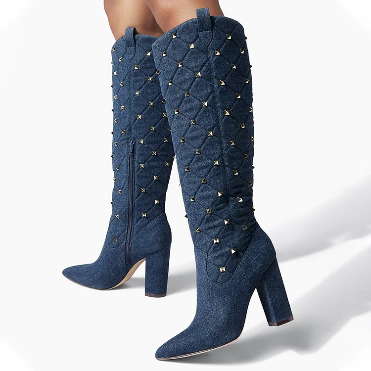 Navy Pointed Knee High Shoes Women's Rivets Chunky Heels Winter Boots |FSJ Shoes