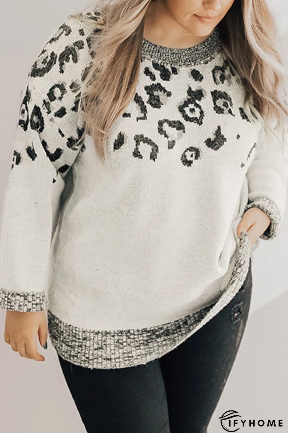 Gray Leopard Knitted O-neck Plus Size Sweater | IFYHOME