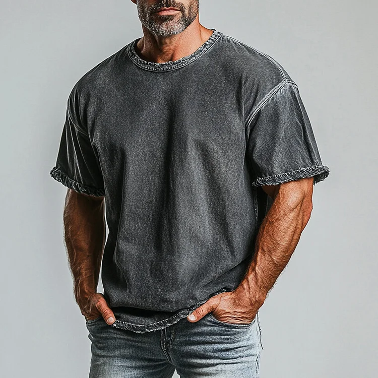 Men's Washed Denim Raw Edge Short Sleeve T-Shirt